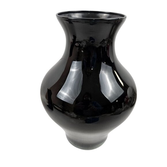 Black Painted Glass Vase Etched Lotus Floral Gold Detail Asian Art Style 10in - Picture 8 of 10